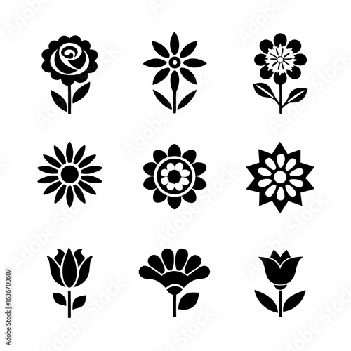 Collection of nine stylized black flower icons with various petal arrangements and stem details shown |  editable eps vectors silhouette