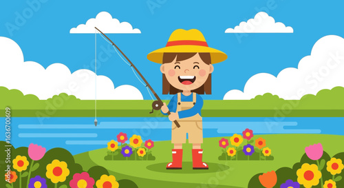 Cheerful Young Girl Fishing by the River On a Sunny Day Illustration
