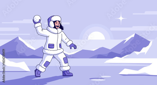 Cheerful Young Woman Enjoys a Snowball Fight in a Snowy Mountain Landscape