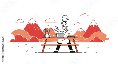 Chef Cooks Outdoors Against Backdrop of Mountains and Sky at a Picnic Table