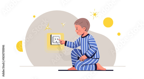 Child playing with electricity plug creating a dangerous situation illustration
