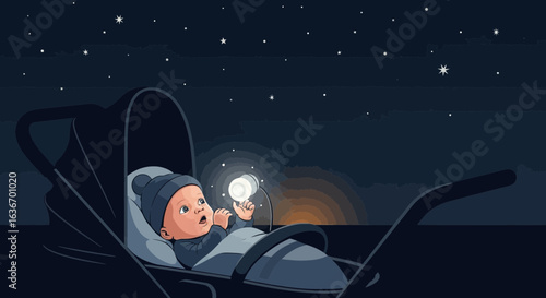 Childhood Dreamscape Baby Gazing Stars in Carriage Glowing Gentle Light