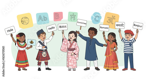 Children Around The World Greeting in Their Native Languages Holding Welcome Signs