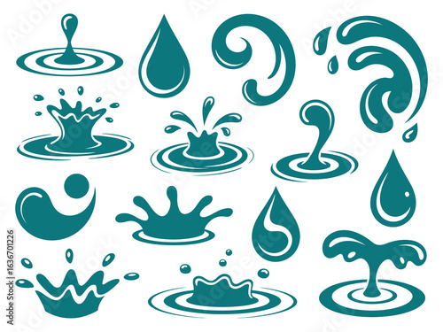 Set of stylized water icons. Collection of liquid drops splashes ripples and wave swirl graphic elements.