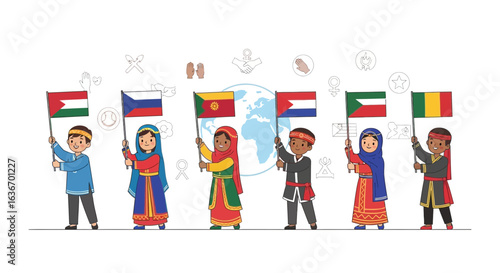 Children From Different Countries Standing Together Holding Their National Flags