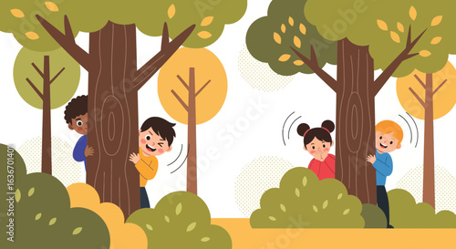Children Playing Hide And Seek Behind Trees Enjoying The Outdoors Fun Activity