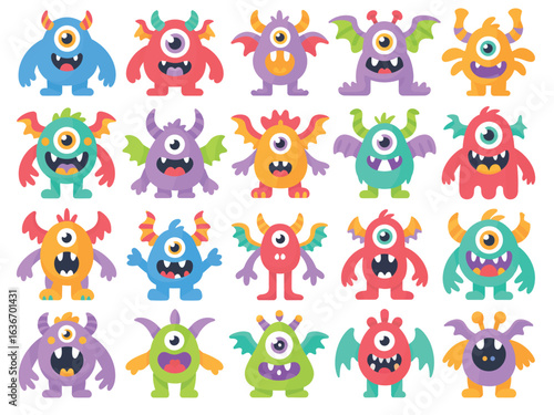 Set of adorable one-eyed monsters in bright colors, cartoon vector characters for avatars, kids’ illustrations, gaming designs, stickers, fun graphic art, and creative digital projects.