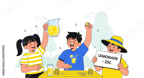 Children Selling Lemonade Together Cartoon Illustration Cheerful Summer Time Business