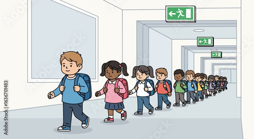 Children Wearing Backpacks Walking in School Hallway Following an Emergency Exit Route