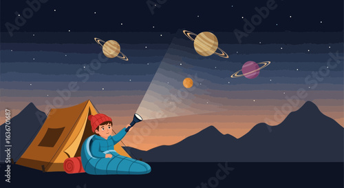 Child's Night Out Camping Adventures Under Fantasy Planets in the Wilderness