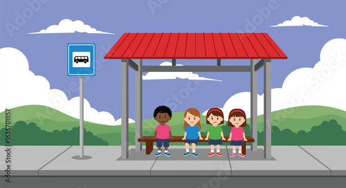 Children waiting at bus stop, cartoon style, outdoor scene, bus shelter, blue sky, green hills, public transportation, school commutet