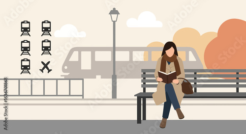 City commuter reading on a park bench amidst urban transport, showcasing a relaxed travel lifestyle