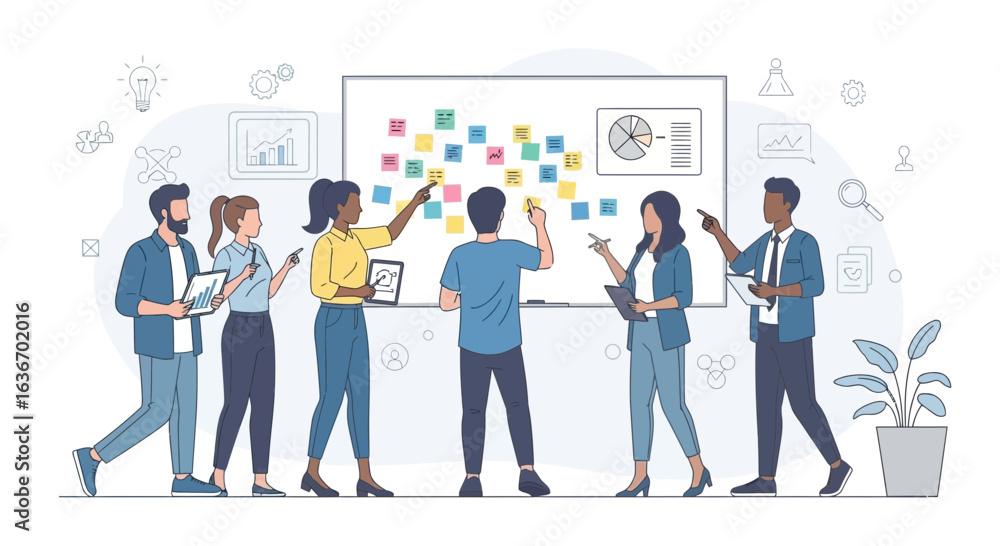 Collaborative Business People Brainstorming For Creative Project On Office Whiteboard Collaborative Business People Brainstorming For Creative Project On Office Whiteboard