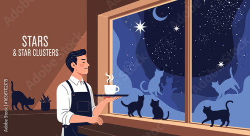 Coffee Delivery Under Night Stars And Feline Sentinels By The Window Display