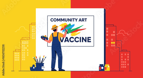 Community art project promoting vaccine awareness in an urban environment and promoting public health, with a vector illustration style
