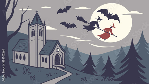 Spooky halloween scene with witches flying on broomsticks past a church under a full moon with bats in the sky