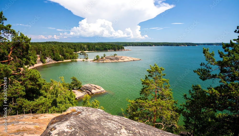 Obraz premium Scenic coastline with lush green forest and calm water