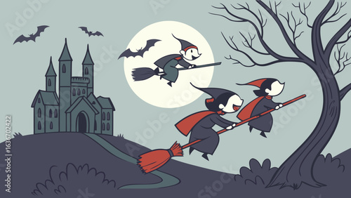 Whimsical halloween night with witches flying on broomsticks past a spooky castle under a full moon with bats in the sky