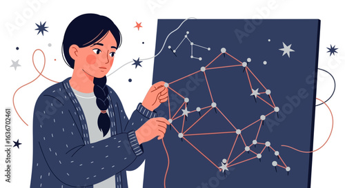 Conceptual Design Of A Woman Connecting Dots On A Starry Constellation Map