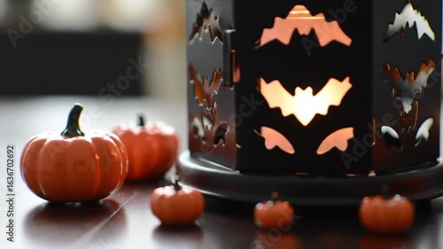 Black lantern with bat cutouts glowing orange, surrounded by pumpkins.