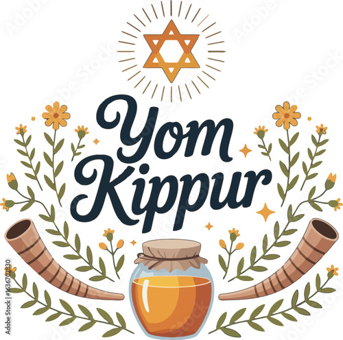 Yom Kippur Greeting with Star of David, Shofar, and Honey Jar