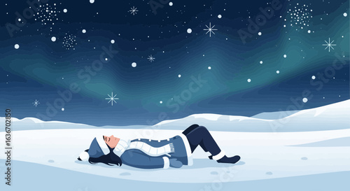 Contemplating Universe Woman Lying on Snowy Ground Underneath Starry Winter Night