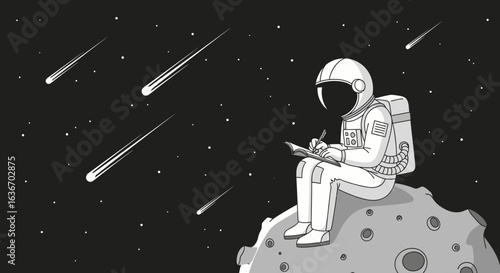 Contemplative Astronaut Chronicles Cosmic Musings On Lunar Surface Under Meteor Shower