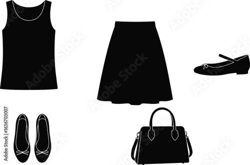 Fashion clipart set, sleeveless top, ballet skirt, handbag, ballet flats, trendy outfit elements, vector illustration, stylish accessories, feminine design