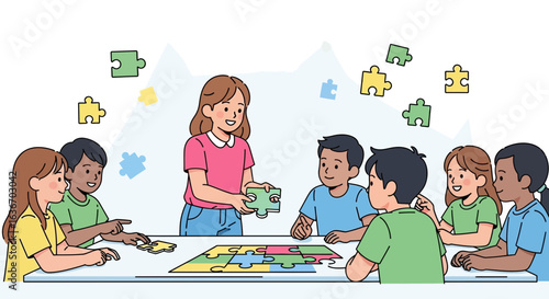 Cooperative Learning Diverse Children Assembling Jigsaw Puzzle Together Class