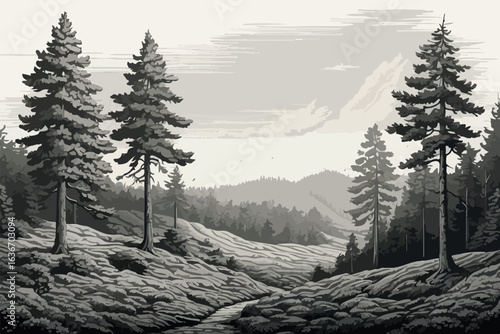 Monochrome Stippled Pine Forest Landscape in Vintage Engraving Style .