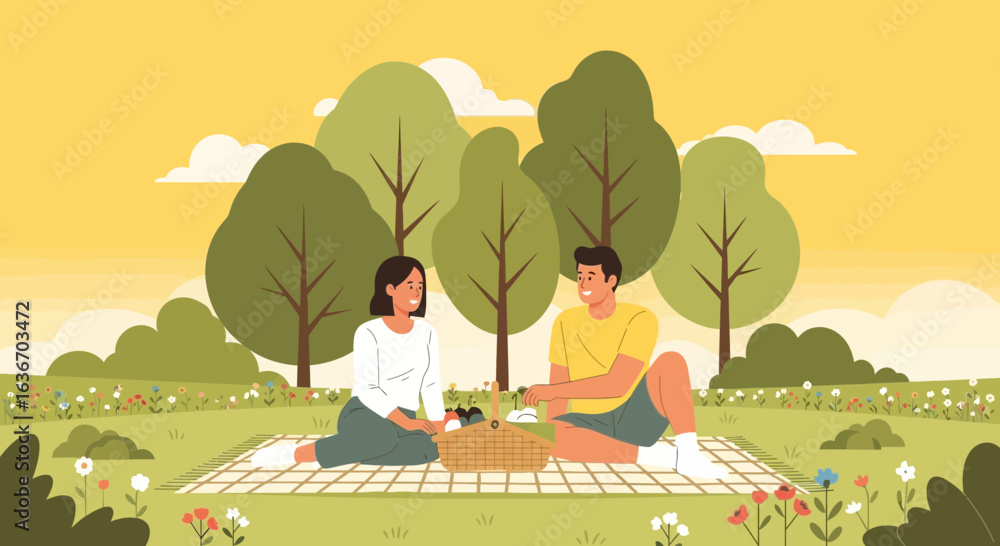 Naklejka premium Couple Enjoying Quiet Moments Together During An Idyllic Picnic In Springtime Outdoors