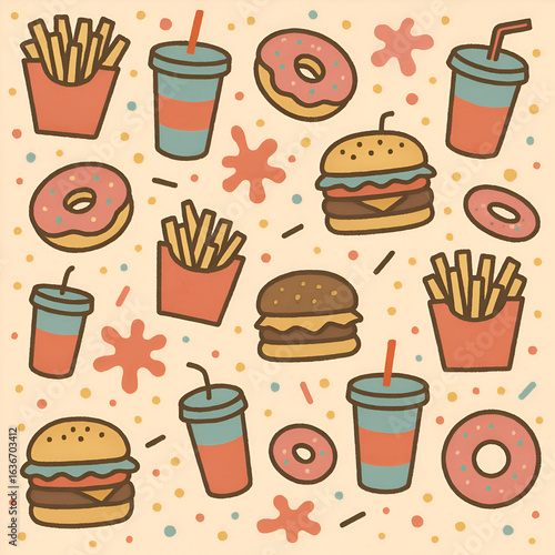 Playful retrostyle pattern of cartoon fast food items including burgers fries sodas and donuts with a textured handdrawn look.