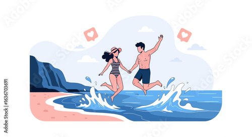 Couple jumping into the sea water at the beach having fun summer vacation with social media heart symbol on the background