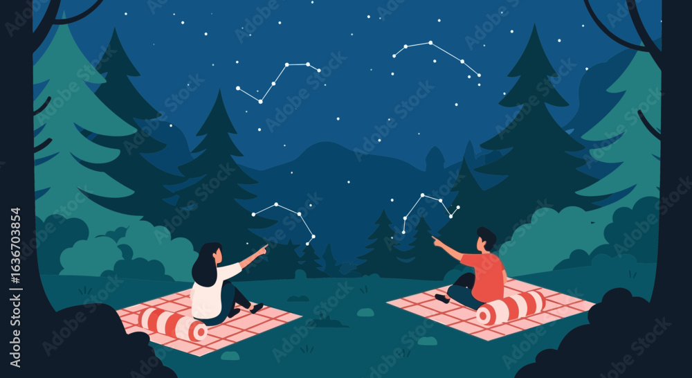 Naklejka premium Couple stargazing under a starry night sky camping in the forest illustration
