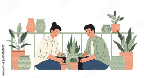 Couple Planting Succulents Together At Home Balcony In A Happy And Peaceful Atmosphere