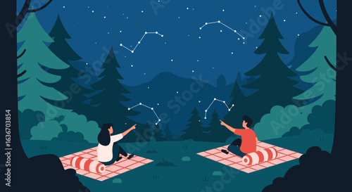 Couple stargazing under a starry night sky camping in the forest illustration