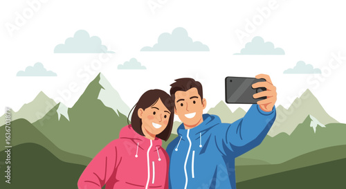 Couple Taking Selfie During Hiking Trip In Mountains With Cloudscape