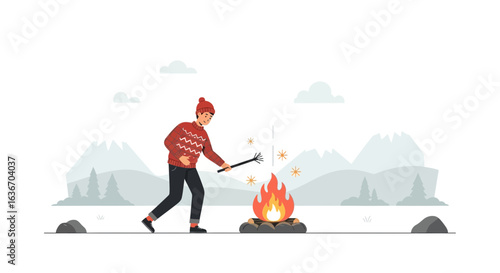 Cozy Campfire Scene: Man in Sweater Tending to a Winter Campfire with Mountains