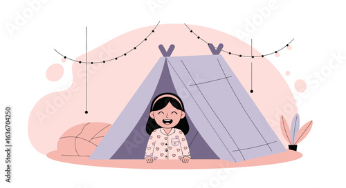 Cozy Evening In Charming Tent With Strings Lights And Happy Girl Cartoon