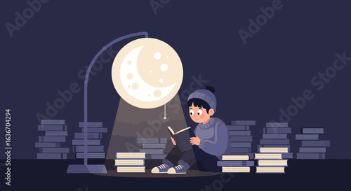Cozy Evening Read A Boy Immersed In Literature Under Moon Lamp Glow