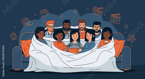Cozy Movie Night Friends Gathering Together Enjoying Film on Couch