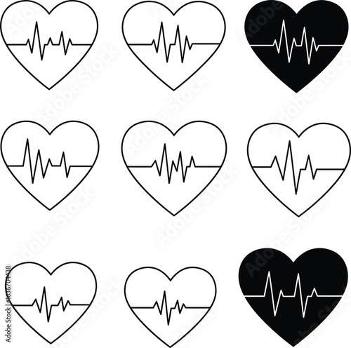 Vector illustration of a set of heart and heartbeat icons. ECG symbols representing health, cardiology, and love, ideal for medical apps and websites, and general healthcare designs.
