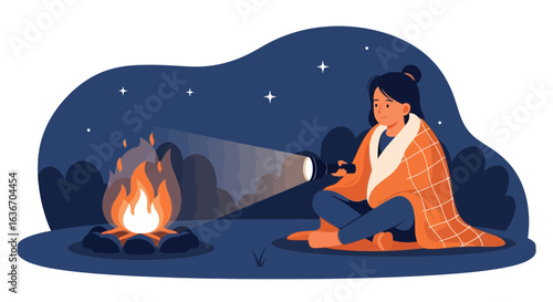 Cozy Nighttime Camping Adventure With Campfire And Starry Sky Illustration