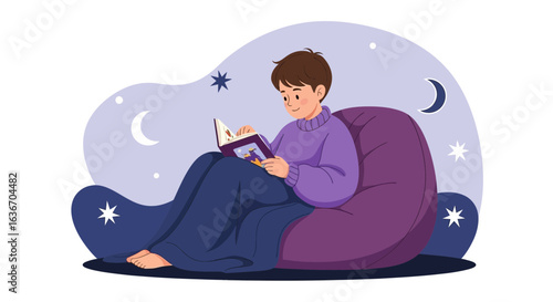 Cozy Nighttime Reading A Boy Enjoys Storytime in a Beanbag Chair Under the Stars