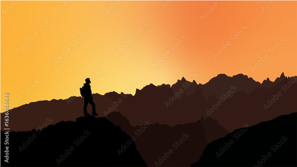Silhouette of a hiker on a mountain peak at sunset, with vivid pink, orange, and purple sky. Perfect for travel, adventure, and inspirational designs. Silhouette of a hiker on a mountain peak at sunset, with vivid pink, orange, and purple sky. Perfect for travel, adventure, and inspirational designs.