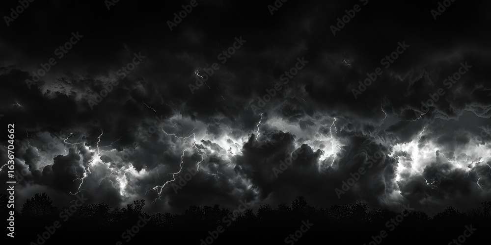 Fototapeta premium Ominous Black Clouds Illumine with Lightning Strikes