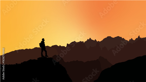 Silhouette of a hiker on a mountain peak at sunset, with vivid pink, orange, and purple sky. Perfect for travel, adventure, and inspirational designs.