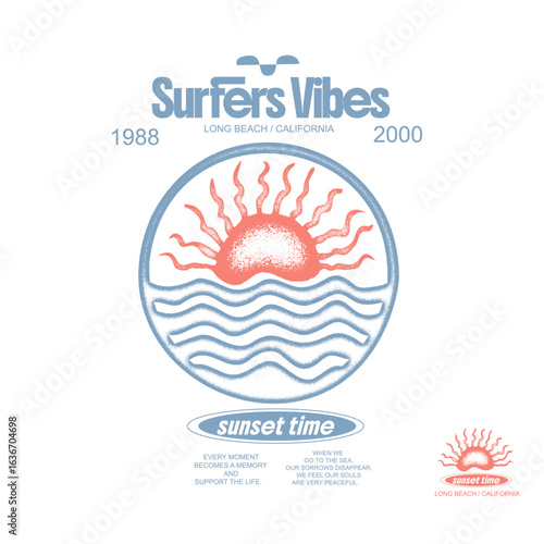 Surfer Vibes t shirt back print and small front print design. vintage retro sunset tee. sun vector graphics. grunge texture sun and waves artwork. men's women's summer party tee print design.