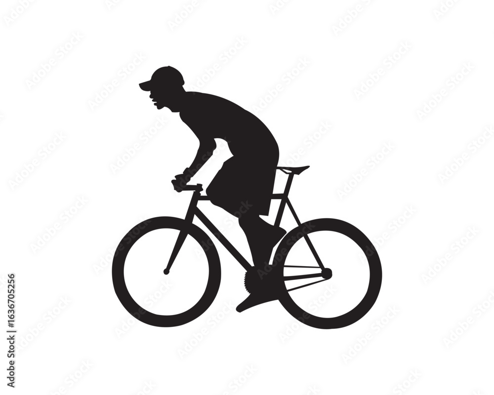 Fototapeta premium Silhouette of a Man Riding a Bicycle in Motion – Vector Illustration of an Active Cyclist Wearing a Cap on a Road Bike, Perfect for Sports and Fitness Concepts and Design Projects 