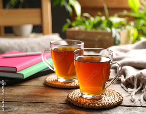 Cozy tea time on a wooden table